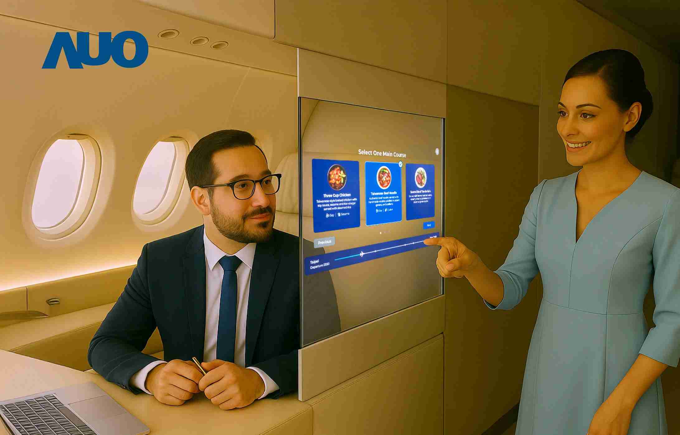 z6mg·人生就是博研发全球最薄17.3 吋双面透明 Micro LED 显示器，，，，可在同一屏幕之双边投射不同信息，，创造独特的”透明化”互动；图为实时翻译交流应用情境